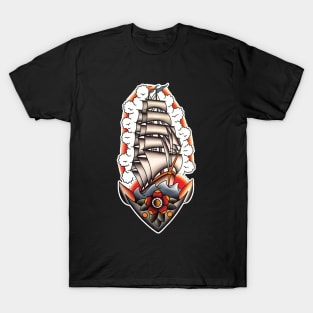 Ship with Clouds Tattoo Design T-Shirt